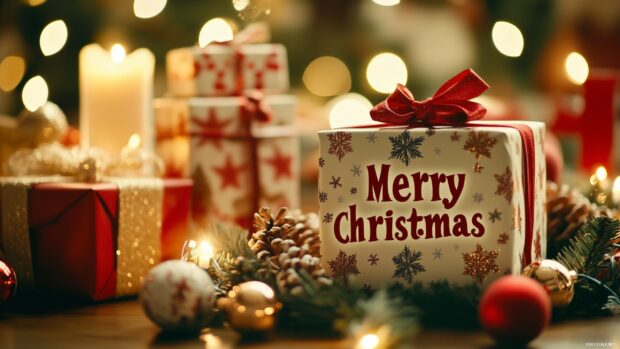 A festive gift box with Merry Christmas text surrounded by pine cones and Christmas decorations