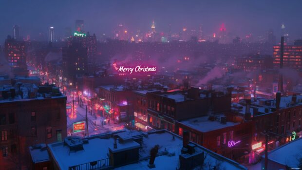 A snowy city street at night illuminated with colorful Christmas lights and signage including Merry Christmas