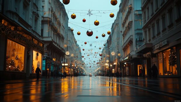 Christmas decorations hanging above a city street during evening rain with warm glowing shop windows