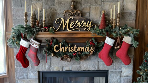 Merry Christmas sign with stockings and pine garland on stone fireplace mantel