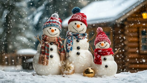 Three snowmen with colorful hats and scarves standing in the snow during Christmas season