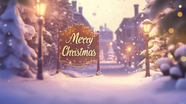 A Christmas sign with lights in a snowy village scene during winter