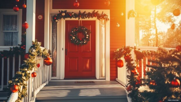 A festive porch decorated with Christmas wreath and garland ornaments in a warm sunlight setting