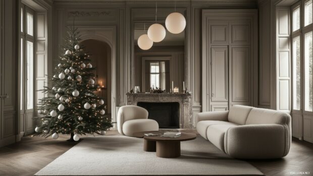 Elegant Christmas tree with white ornaments in a cozy living room setting