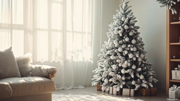 A Christmas tree with white ornaments in a cozy living room setting