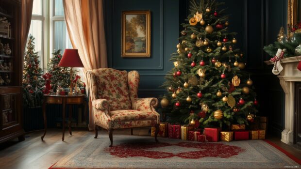 A beautifully decorated Christmas tree with red and gold ornaments in a cozy living room setting