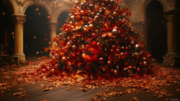 A Christmas tree richly decorated with red and gold ornaments surrounded by autumn leaves in an ornate room
