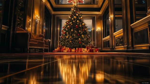 A beautifully decorated Christmas tree with lights and ornaments in a luxurious room with reflective floor and presents