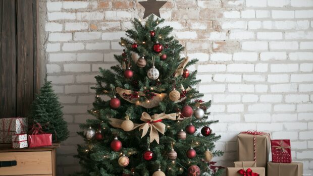 A decorated Christmas tree with ornaments and lights standing next to wrapped gifts and a smaller tree