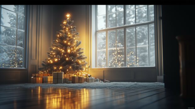 A beautifully decorated Christmas tree with lights and gifts under the tree in a cozy room with snow outside the window
