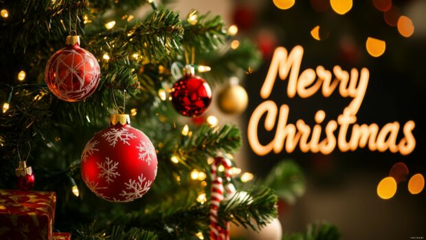 Red ornaments hanging on a Christmas tree decorated with lights and candy canes