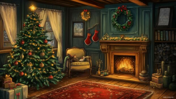 A cozy room with a decorated Christmas tree and a warm fireplace creating a festive atmosphere