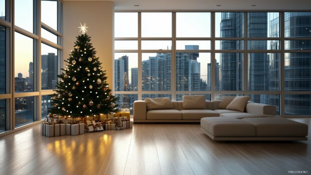 A decorated Christmas tree with gifts placed in a modern living room with large windows and city view
