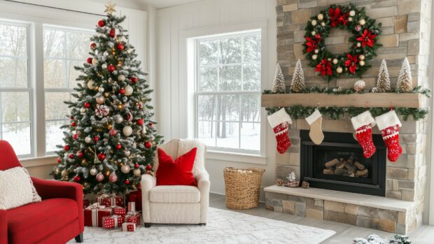 A decorated Christmas tree with red and gold ornaments standing in a cozy living room with a fireplace and stockings