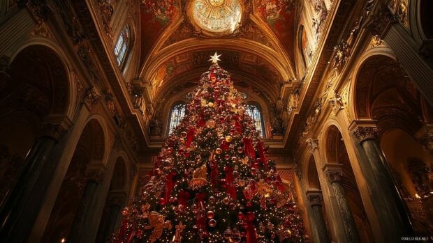 A Christmas tree decorated with red ribbons and ornaments inside a grand church interior