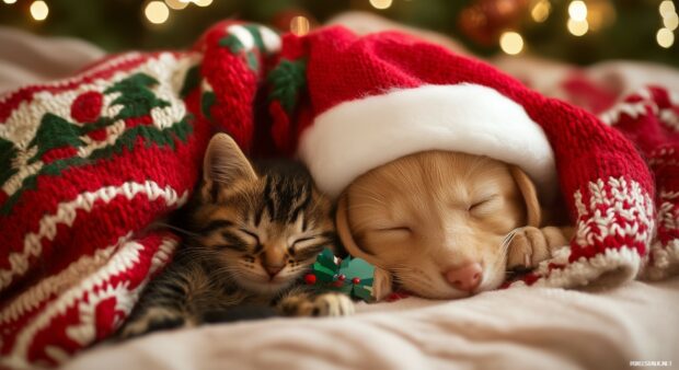 A kitten and a puppy sleeping together under a Christmas sweater