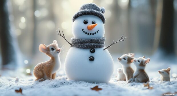 A snowman wearing a hat and scarf surrounded by cute animals in a snowy forest scene