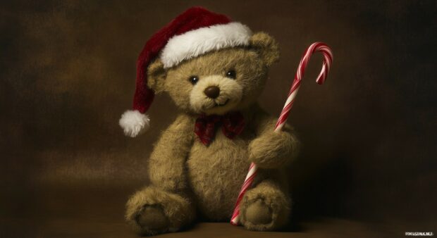 A teddy bear wearing a Santa hat and holding a candy cane in a festive setting