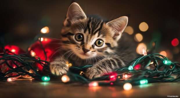 Adorable kitten playing with colorful Christmas lights on wooden floor
