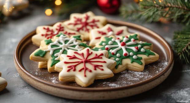 Christmas cookies decorated with holly and snowflake shapes on a plate