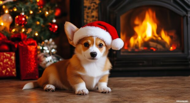 Cute Christmas dog wearing Santa hat by a warm fireplace
