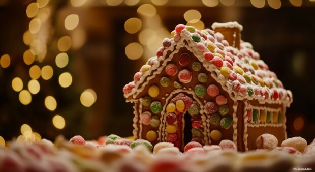 A gingerbread house decorated with candy and icing under warm Christmas lights