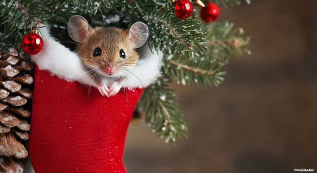 Cute mouse peeking out of a Christmas stocking with pine cone and festive decorations