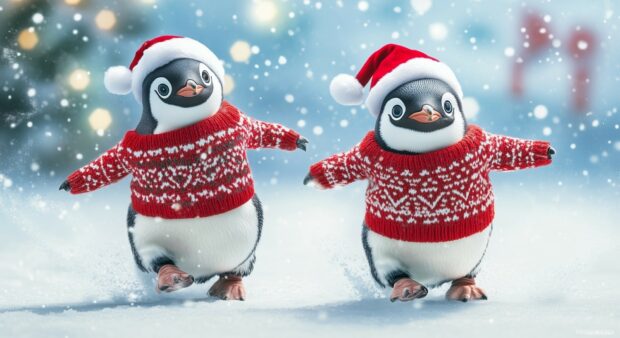 Two penguins wearing red Christmas hats and festive sweaters playing in the snow