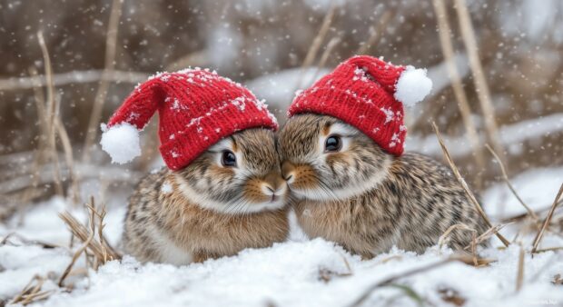 Two rabbits wearing red Santa hats in the snow during Christmas time