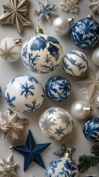 Blue and white Christmas ornaments with glittery star decorations on a white surface