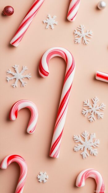 Red and white striped candy canes with snowflakes decoration on a soft background