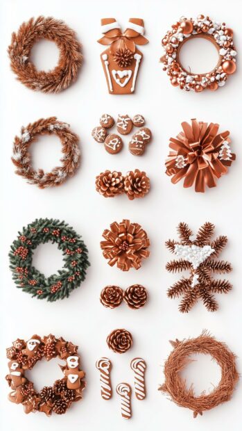 Various festive gingerbread cookies and pinecone decorations arranged in a flat lay composition