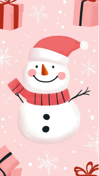 A smiling snowman with a red scarf and Santa hat surrounded by Christmas gifts and snowflakes