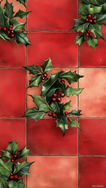 Holly leaves with red berries on red tiled surface for Christmas decor