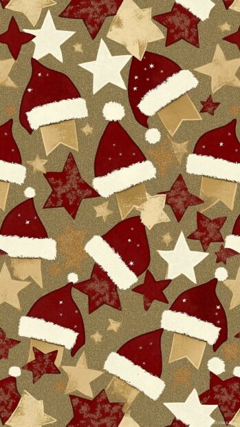 Santa hats and stars pattern with festive elements in warm colors