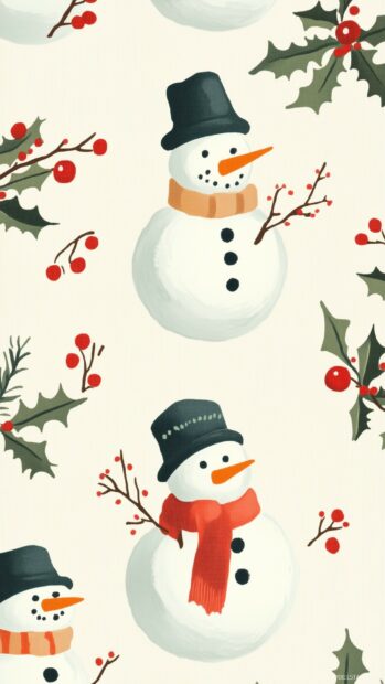 Snowman with carrot nose and scarf in Christmas pattern with holly leaves and berries