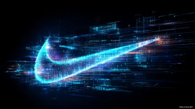 Free to download Nike logo wallpaper with a futuristic flair, incorporating digital elements that appeal to tech enthusiasts.