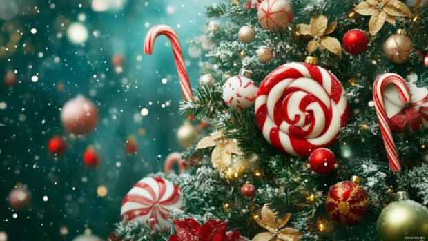 Christmas tree with candy canes and decorations in a winter setting