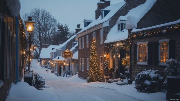 Snow covered street with Christmas tree and festive decorations during winter evening