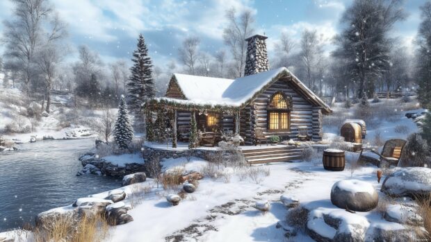A peaceful winter Christmas cabin surrounded by snow covered trees along a calm river