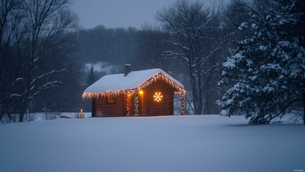 A winter cabin decorated with Christmas lights covered in snow during a snowy evening