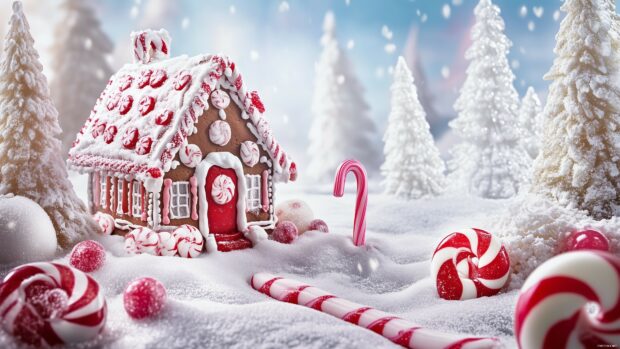 A gingerbread house with candy canes and peppermint sweets in a winter Christmas setting