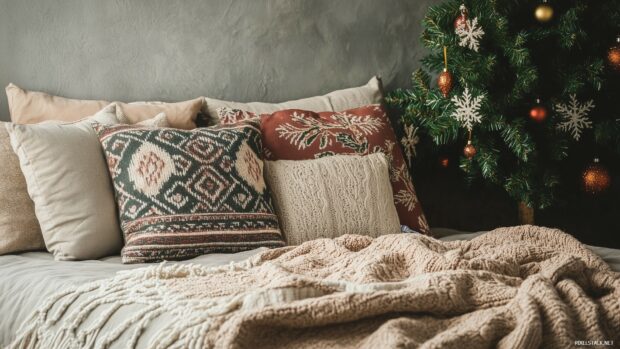 Cozy winter Christmas decor with pillows and blanket near decorated tree