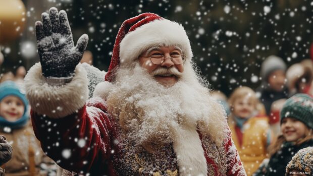Santa Claus with snowy beard waving to children on winter Christmas celebration