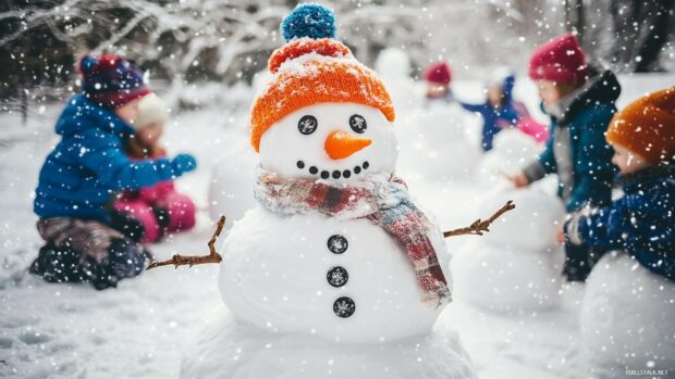 A winter Christmas scene with a snowman wearing an orange hat and scarf surrounded by children building snowballs