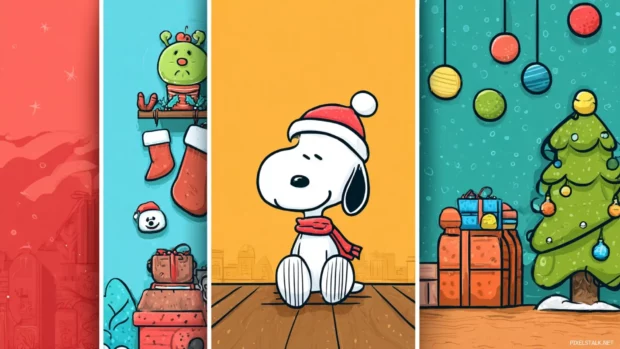 A collection of free Snoopy Christmas wallpapers showcasing colorful holiday decorations and festive cheer.