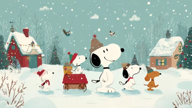 Charming Snoopy Christmas wallpapers capturing the joy of the season in a snowy landscape.