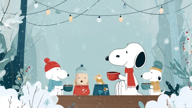 Cute Snoopy Christmas wallpapers featuring Snoopy and friends in a cozy winter scene.