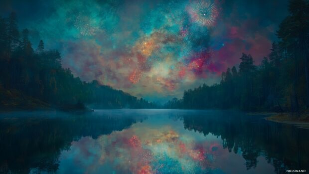 Colorful night sky filled with stars and fireworks over a misty lake surrounded by forest trees
