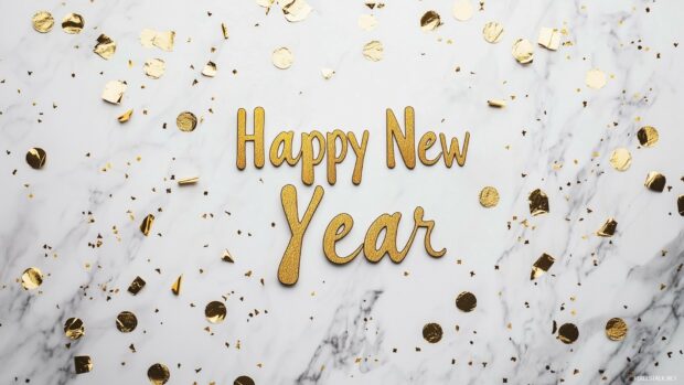 Golden Happy New Year text on marble surface with gold confetti scattered around